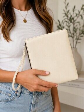 Minimal Leather Wristlet Clutch in Cream